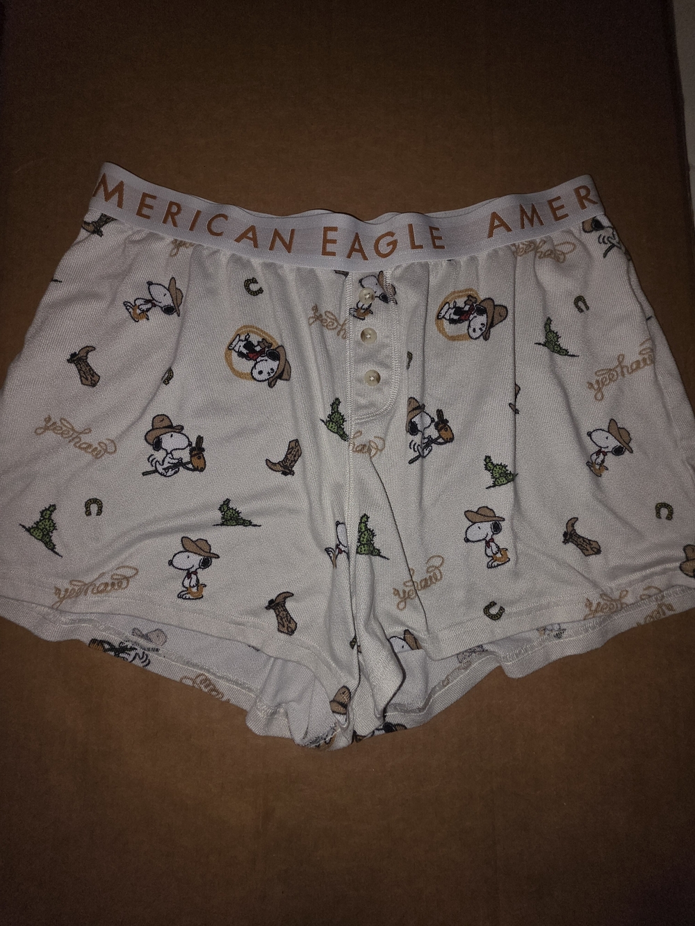 American Eagle Outfitters Cream Lounge Shorts with Tan & Green Accent Print